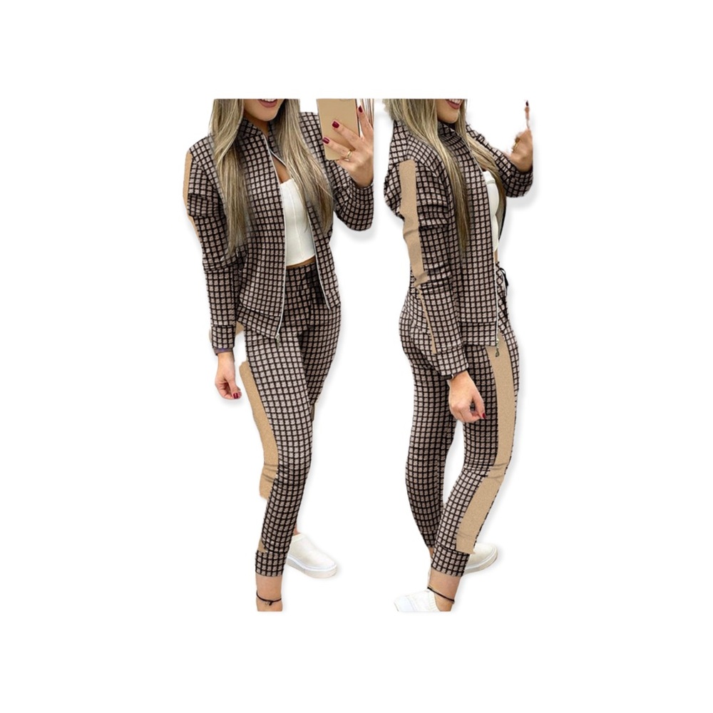 Chic Me jacket and Pants Set Plaid Print Zip Up Jacket & Drawstring Pants Set